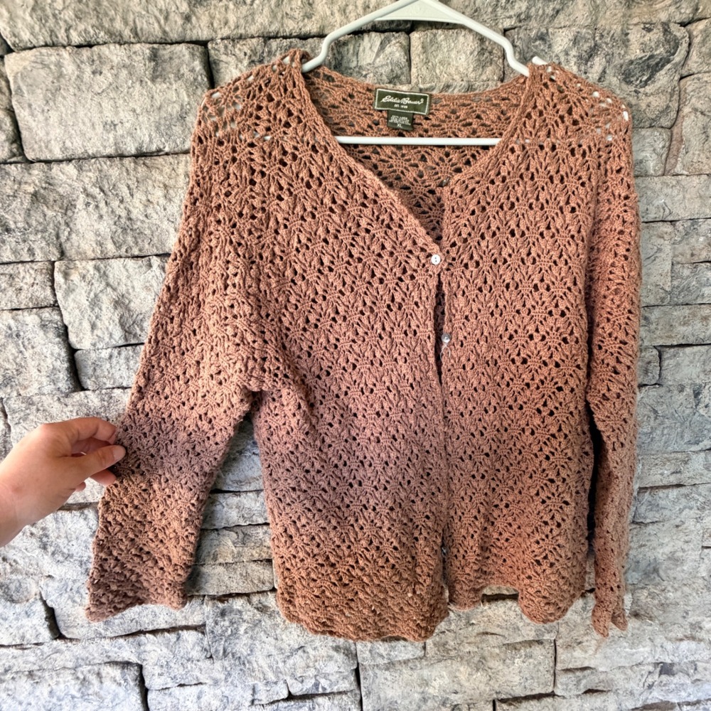 Eddie Bauer Crochet Cardigan Sweater Women XL Brown Linen Cotton Bobo Open Knit